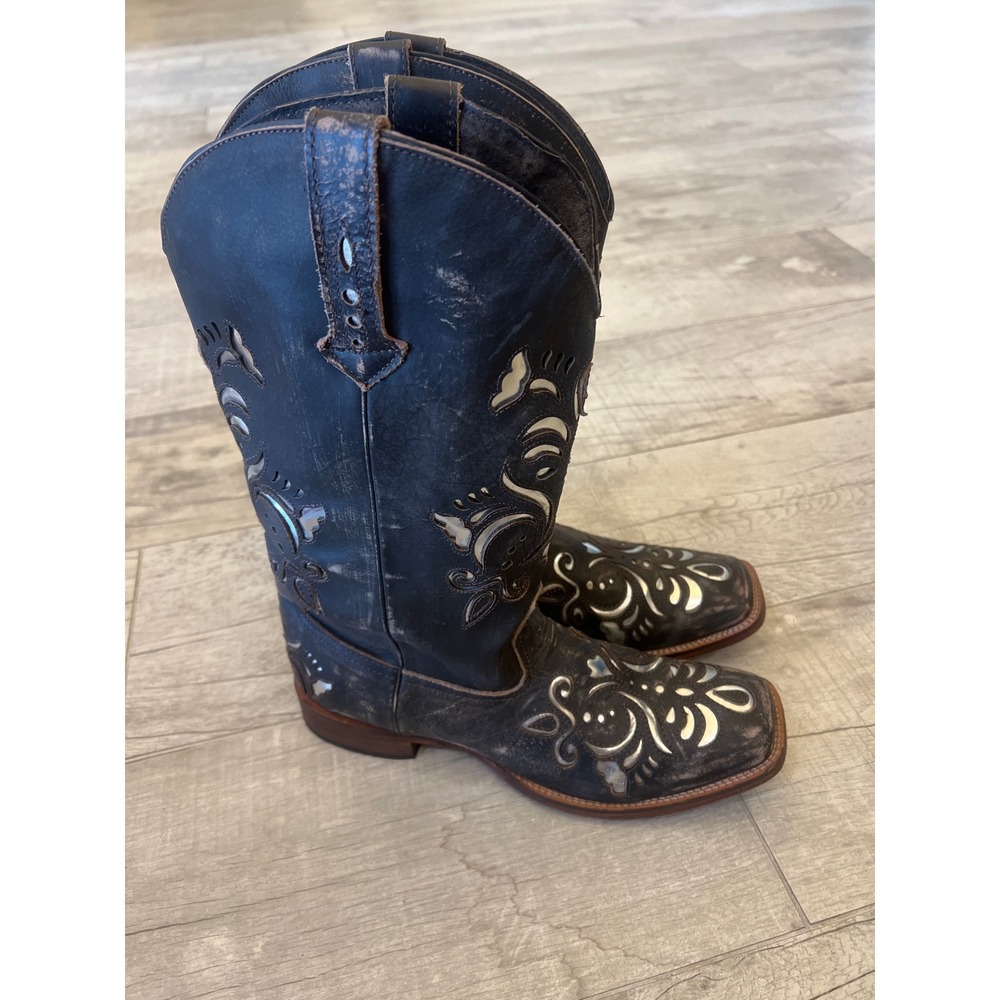 Roper Fancy Silver Inlay Distressed Black Leather Square Toe Boots